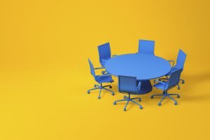 a blue table and chairs